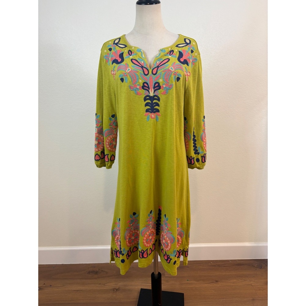 Soft Surroundings Dress Womens‎ S Green Embroidered Knit Boho Resort Folk